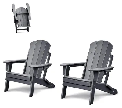 Produktbild von Klappbarer Adirondack-Stuhl aus Kunststoff im 2er Set mit Getränkehalter, wetterfester Gartenstuhl für den Außenbereich, Relaxsessel aus Kunststoff für Garten und Terrasse