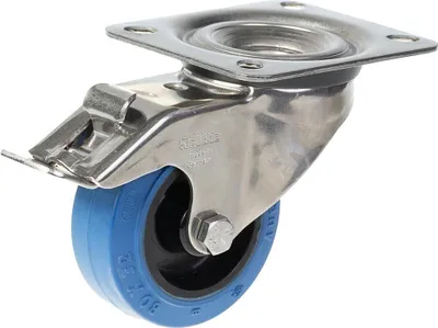 Obrázok produktu pre 80 mm otočné/brzdové kolieska z nehrdzavejúcej ocele s modrou elastickou gumou na nylonovom centr
