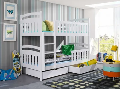 Produktbild von KEF Tom Etagenbett Kinder Holz Kinderbett Holzbett mit Schubladen ohne Matratze Leiter Links Weiß 80x180 cm