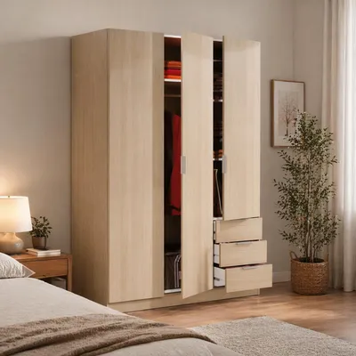 Produktbild von Garderobe Dnespol, Schlafzimmerschrank mit 3 Türen und 3 Schubladen, Schrank mit 3 Einlegeböden und Kleiderstange, 121x52h180 cm, Eiche