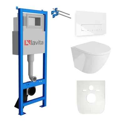 Produktbild von Lavita LAV 101 Vorwandelement für WC 40cm + Wand Hänge Tiefspül WC SOFI Weiß Spülrandlos + Bedienplatte LAV 200.3.1 Weiß  | Komplettset | Unterputz Spülkasten | Toilette Komplett Sett