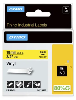 Obrázok produktu pre DYMO RHINO - vinylová páska 19 mm x 5,5 m, čierna na žltej, D1, Vinyl, Belgicko, 5,5 m, 1 kusov, 34 mm