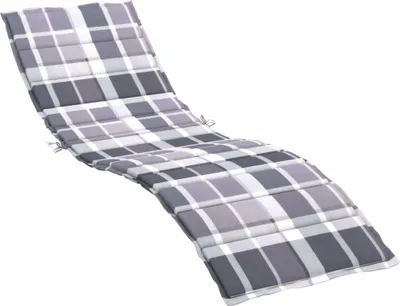 A chaise lounge cushion with a gray and white plaid pattern, lying on a white background.