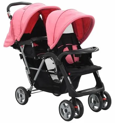 Produktbild von Geschwisterwagen, Geschwisterbabywagen, babywagen, Geschwisterwagen, babywagen Zwillinge, Doppelbabywagen, Zwillingsbuggy, Rosa und Schwarz Stahl