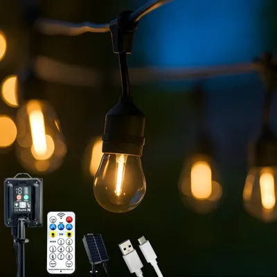 Produktbild von LUMILED solárne rozprávkové svetlá pre exteriér 20M S14 30x LED + 2 náhradné žiarovky, teplá biela 2700K IP65 8 prevádzkových režimov, s diaľkovým ovládaním, solárny panel s batériou 2400mAh, solárne rozprávkové svetlá žiarovky solárne lampy záhradné vonkajšie rozprávkové svetlá