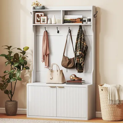Image de Étagère à chaussures avec vestiaire - Meuble d'entrée - Armoire à chaussures avec 2 portes - Étagères ouvertes - 6 crochets - 100x38x172 cm - Blanc