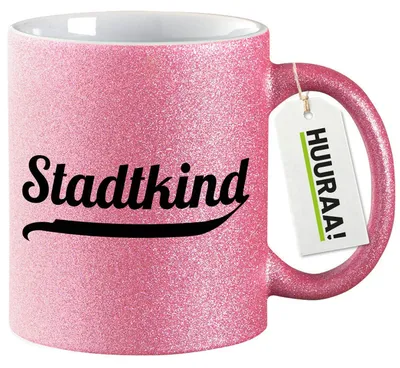 Produktbild von Huuraa Glitzertasse Stadtkind Schriftzug 330ml Pink Keramik Kaffeebecher Geschenkidee