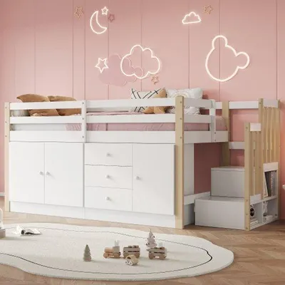 Immagine prodotto di Letto a castello per bambini, multifunzionale, a una piazza, con scaletta, cassetti, 2 ripiani portaoggetti e asta appendiabiti, senza materasso, bianco 90×200
