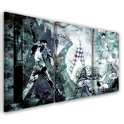 Produktbild von Triptychon auf leinwand graue menschen 150x100 cm Feeby blau wandbild bereit zum aufhängen