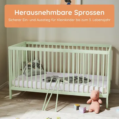 Produktbild von Babybett Kinderbett Gitterbett 60x120 & 70x140 cm höhenverstellbarer Lattenrost & herausnehmbare Sprossen stabiles Buchenholz | ab Geburt bis zum 3. Lebensjahr  EU | grün