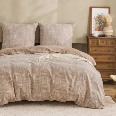 Immagine prodotto di Set di lenzuola 155x220 cm, cotone, motivo geometrico, stile vintage, color kaki, composto da 2 pezzi