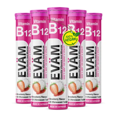 Produktbild von EVÄM Vitamin B12 Brausetabletten hochdosiert 1.000 % NRV, Vegan mit Erdbeergeschmack Brausetabletten, 5er Röhrchen mit 100 St.