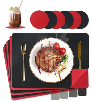 Produktbild von Tischsets Abwaschbar Lederoptik Hitzebeständig 6er Set Rot+Schwarz 43x30cm inkl. Untersetzer
