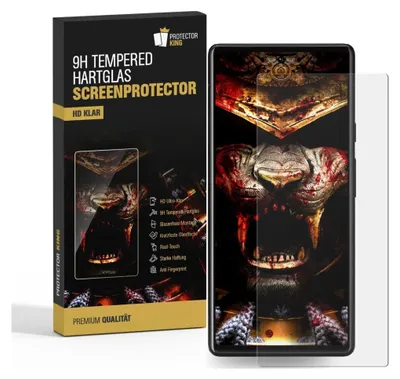 A product box for a screen protector is shown next to a smartphone with the screen protector applied.
