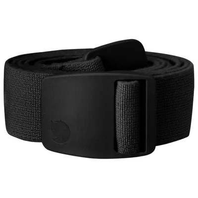 A black fabric belt with a black plastic buckle, coiled and presented against a white background.