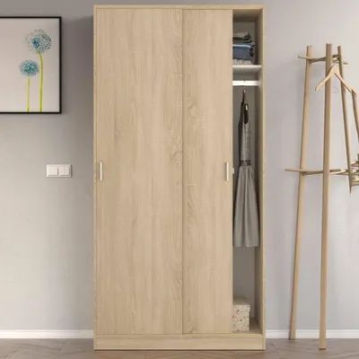 Produktbild von Garderobe Dgagn, Schlafzimmer Kleiderschrank mit 2 Schiebetüren, Schrank mit Regal und Kleiderbügelstange, 100x50h200 cm, Eiche