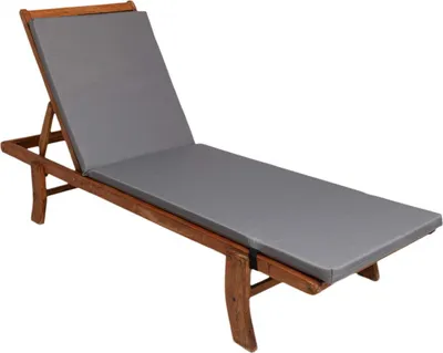 A wooden lounge chair with a gray cushion, shown against a white background.
