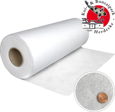 A roll of white fabric is shown on a white background, with a close-up inset showing the texture of the fabric and a coin for scale. A logo with a koi fish and Japanese-style buildings is in the upper right corner.