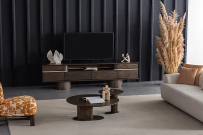 Obrázok produktu pre Hnedý TV stolík, LED osvetlenie, 4 zásuvky, 245x50x64 cm