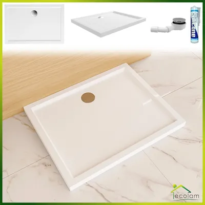 Produktbild von ECOLAM Duschwanne 100 x 80 x 5,5 cm 3 cm Rechteck flach GOLIAT Duschtasse Acryl weiß + Siphon + Silikon
