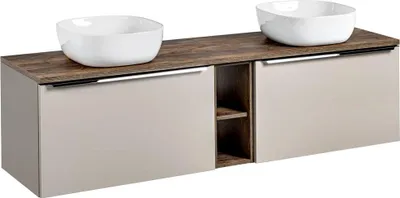 Zdjęcie produktu dla Zestaw szafek podumywalkowych 180 cm w kolorze ciemnoszarym z dębem vintage PUEBLA-56-TAUPE 2 umywalki ceramiczne, 2 szuflady z systemem cichego zamykania, półka, szer./wys./gł. 180,4/62,5/46 cm