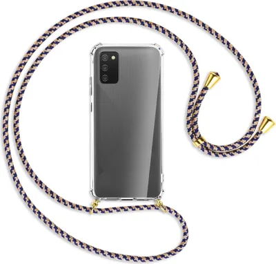 Produktbild von Handykette Backcover-Schutzhülle mit Band (Metall goldfarben) für Samsung Galaxy A02s - blau+beige