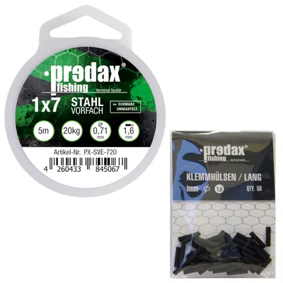 Produktbild von Predax Stahlvorfach 1x7 schwarz 5m 20kg + 50 Klemmhülsen 1,6mm - Set