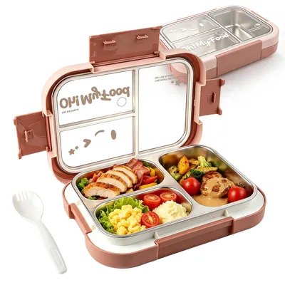 Bento-Lunchbox 800 ml, 3 Fächer, Edelstahl, rosa