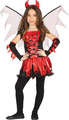 Produktbild von Feuerteufel Kinder Haarreif, Flügel, Kleid, Armstulpen, Schwanz, Größe: 10 - 12 Jahre Farbe: Rot