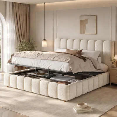 Immagine prodotto di MODFU Letto matrimoniale 180x200 con contenitore, tessuto bouclé, meccanismo a sollevamento idraulico, rete, testiera imbottita con righe verticali, senza materasso, colore bianco