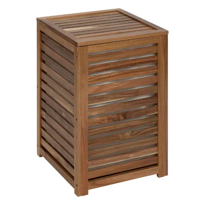 A wooden laundry basket with a slatted design.