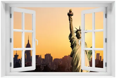 Produktbild von Wallario Premium Glasbild mit Fensterrahmen, freischwebende Optik, kräftige Farben, Größe 60 x 90 cm Motiv Freiheitsstatue New York