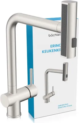 Productafbeelding van Erino Keukenkraan (geborsteld roestvrij staal) - draaibare eengreepsmengkraan met 3 straalsoorten - keukenkraan met uittrekbare en draaibare douche en watervalfunctie