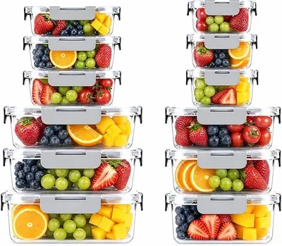 Imagen del producto de Recipientes de vidrio con tapa, juego de 12 unidades. Contenedores para preparar comidas y recipientes herméticos de vidrio de borosilicato, libres de BPA y aptos para microondas y lavavajillas. Contenedores para almacenar alimentos