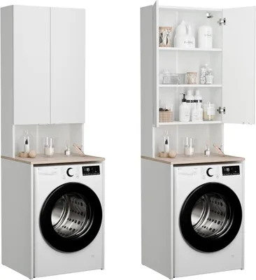 Produktbild von PLATAN ROOM Waschmaschinenschrank 120 oder 210 cm hoch Badezimmerschrank mit 3 Regalen Überbauschrank für Waschmaschine und Wäschetrockner