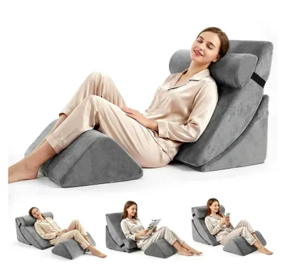Produktbild von 4-teiliges Set von Keilkissen aus Memory-Schaumstoff, Höhenverstellbare Schlaf- und Lesekissen für Sofa und Bett, Waschbare graue Bezüge