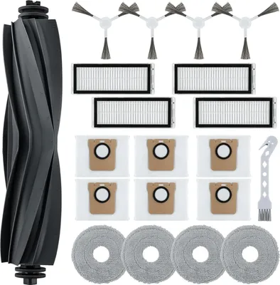A collection of cleaning accessories for a robot vacuum cleaner, including a main brush, filters, mop pads, side brushes, dust bags, and a cleaning tool, laid out on a white background.
