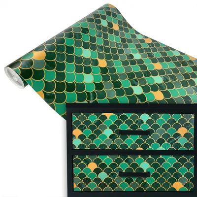 Produktbild von Klebefolie Möbel 45x100 cm - Schale Grün/Gold - Möbelfolie selbstklebend in Deko-Stil - Folie für Möbel zur schnellen Renovierung von Türen, Schränken und Regalen - Möbelfolie dekorativ und pflegeleicht