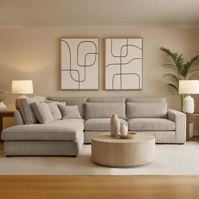 Produktbild von BEAUTYSOFA | Designer - Ecksofa PARMA, L-Form Eckcouch mit Ottomane links, Modernes Sofa in Hellbronze mit Kissen