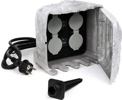 Produktbild von Gartensteckdose 4fach in Steinoptik, IP44, Außensteckdose mit Sensor für Dämmerung und 1,5m Kabel