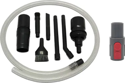 A set of vacuum cleaner attachments and an adapter are laid out on a white background.