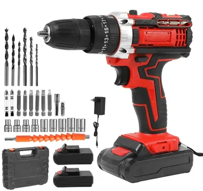 Produktbild von 21V Akku Schlagbohrschrauber - Bohrmaschine und Schrauber - 18+1 Drehmomentstufen - 1500 U/min - wiederaufladbarer Lithium-Ionen-Akku - rot