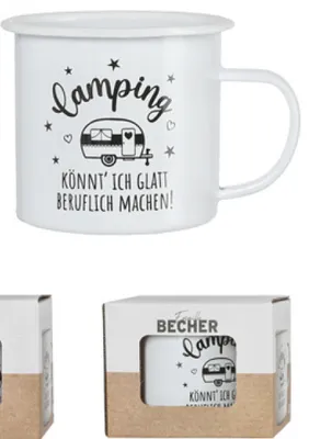 Produktbild von 1x Becher Emaille, Camping, ca. 9cm Höhe " Camping könnt ich glatt beruflich machen"