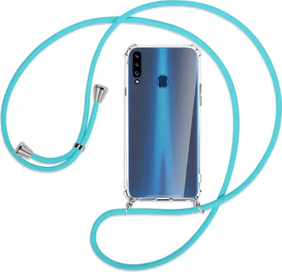 Produktbild von Handykette Backcover-Schutzhülle mit Band (Metall silberfarben) für Samsung Galaxy A20s - türkis