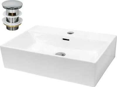 Obrázek produktu pro LuxeBath umyvadlo Umyvadlo na desku Square, 60,5x36,5x13 cm, bílé, z keramiky, včetně odtokové soupravy s přepadem