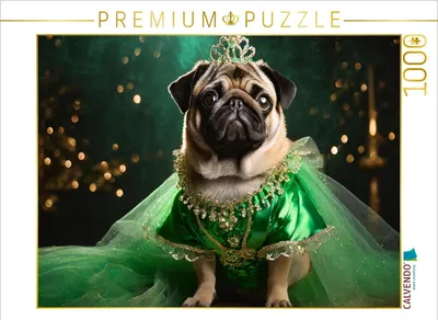 Produktbild von CALVENDO Puzzle Mops trägt elegantes grünes Abendkleid mit Schmuck und Krone | 1000 Teile Lege-Größe 64x48cm Foto-Puzzle für glückliche Stunden