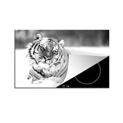 Produktbild von KitchenYeah© Herdabdeckplatte Tiger - Schnee - Schwarz - Weiß , 80x52cm, Küche Deko, Glaskeramikkochfeld Herdabdeckung, Abdeckplatte fùr Kochfeld
