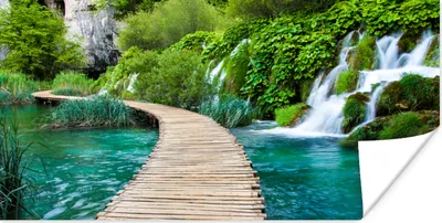 Produktbild von MuchoWow® Poster Brücke - Wasser - Pflanzen - Wasserfall - Grün 150x75 cm - ohne Rahmen