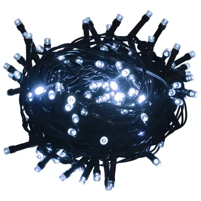 A tangled bundle of white LED string lights with black wires, isolated on a white background.