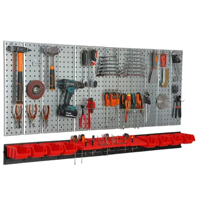 Obrázek produktu pro Deska na nářadí 156x72 cm Kovový úložný systém s držáky na nářadí Háčky na nářadí a 8 odkládacích boxů 100 x 150 x 70 mm Barva: červená Deska na kolíky Dílna Garáž Deska na kolíky Elektrické nářadí Deska na kolíky